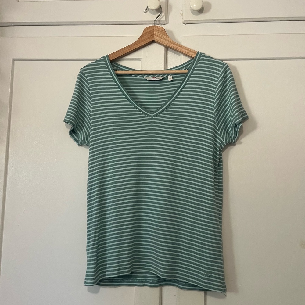 Vineyard Vines Teal & Light Aqua Striped V-Neck T-Shirt Size M Whale